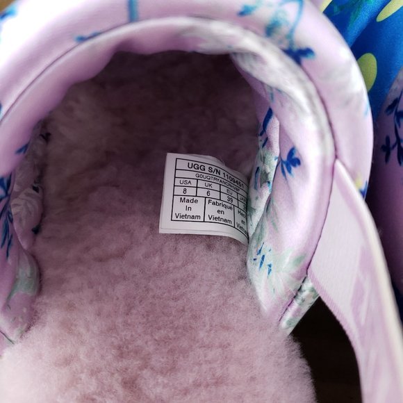 UGG Puff Yeah Floral Polka Dot Slide Sling Back Womens Size 8 Lamb Fur Silk Pink - Picture 9 of 10